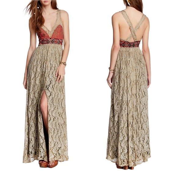 Free People Maxi Dress Blackened Crushed Gold Lace Embroidered Beaded RARE! - Picture 2 of 16